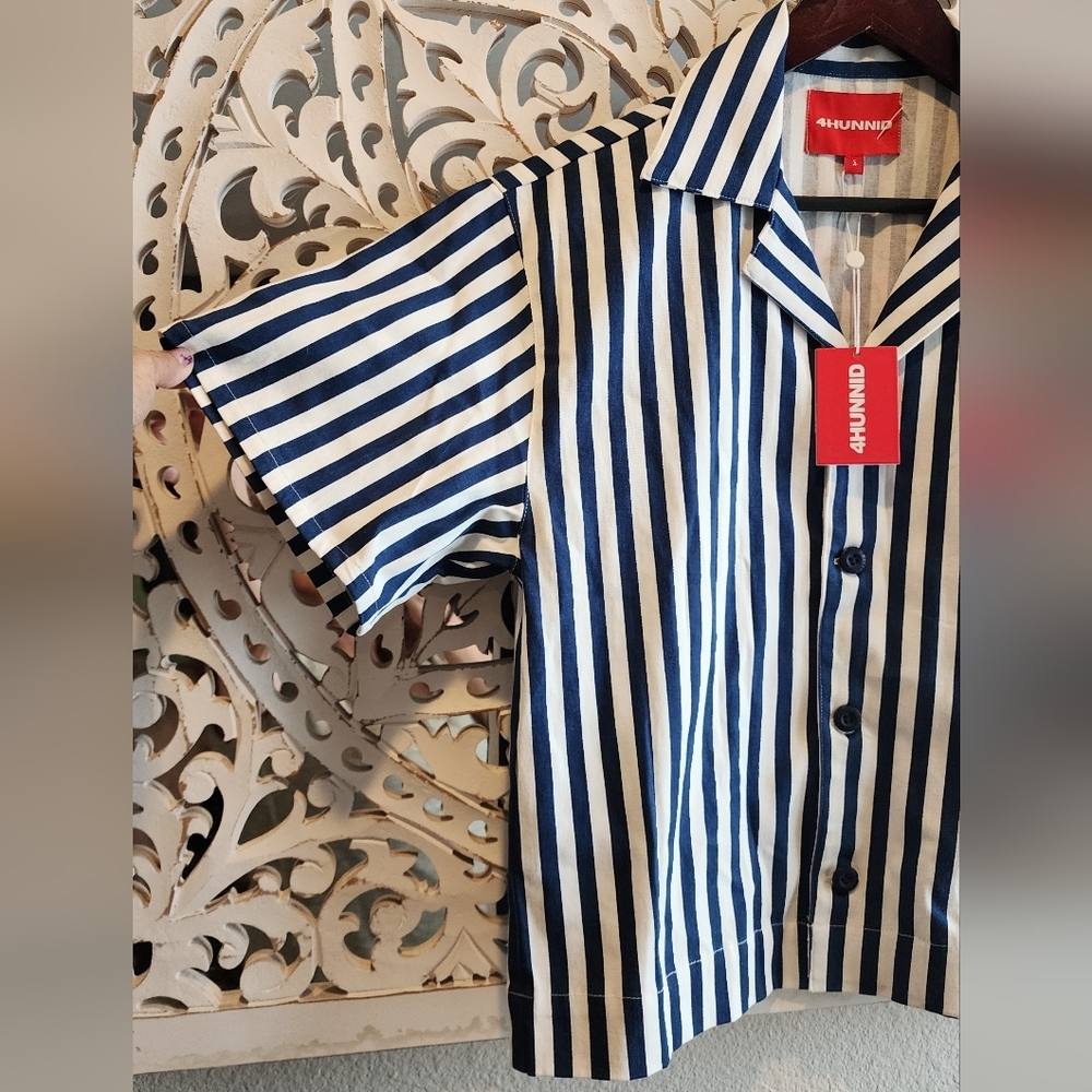 4HUNNID HAVANA STRIPES BUTTON UP CROPPED MENS SHIRT NWT SIZE SMALL - Picture 8 of 13